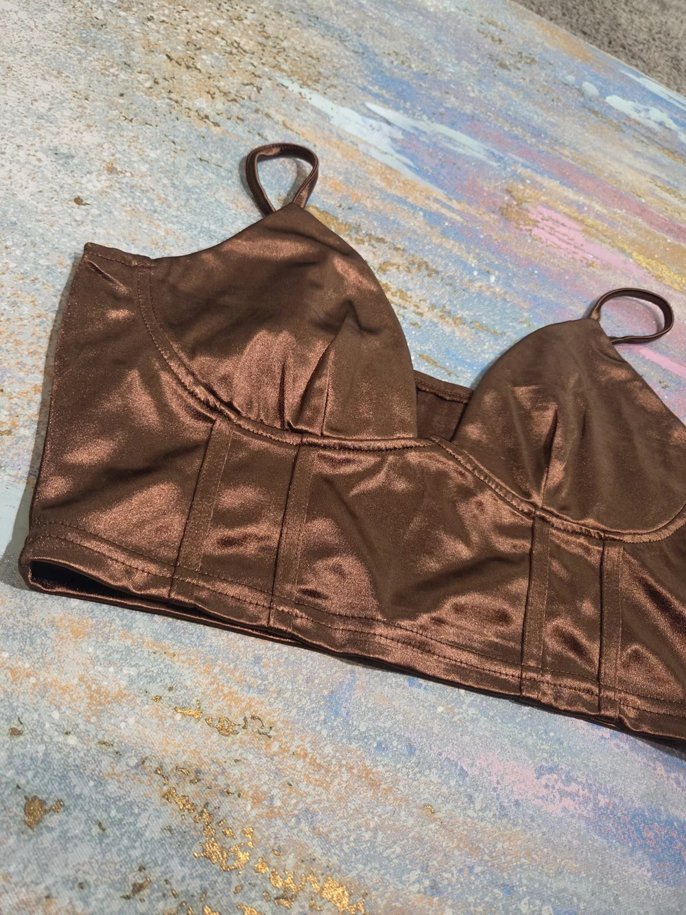 Satin Longline Bralette in Chocolate Brown